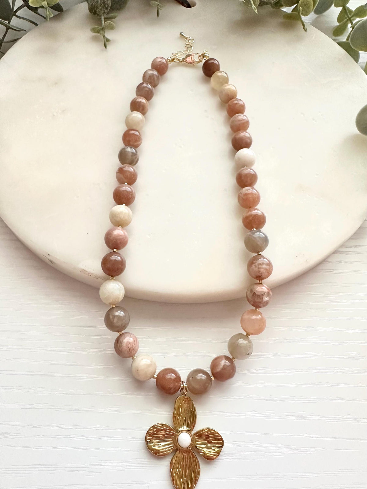 Multicolor Moonstone Necklace, Flower Pendant, Neutral Necklace, Beaded Jewelry