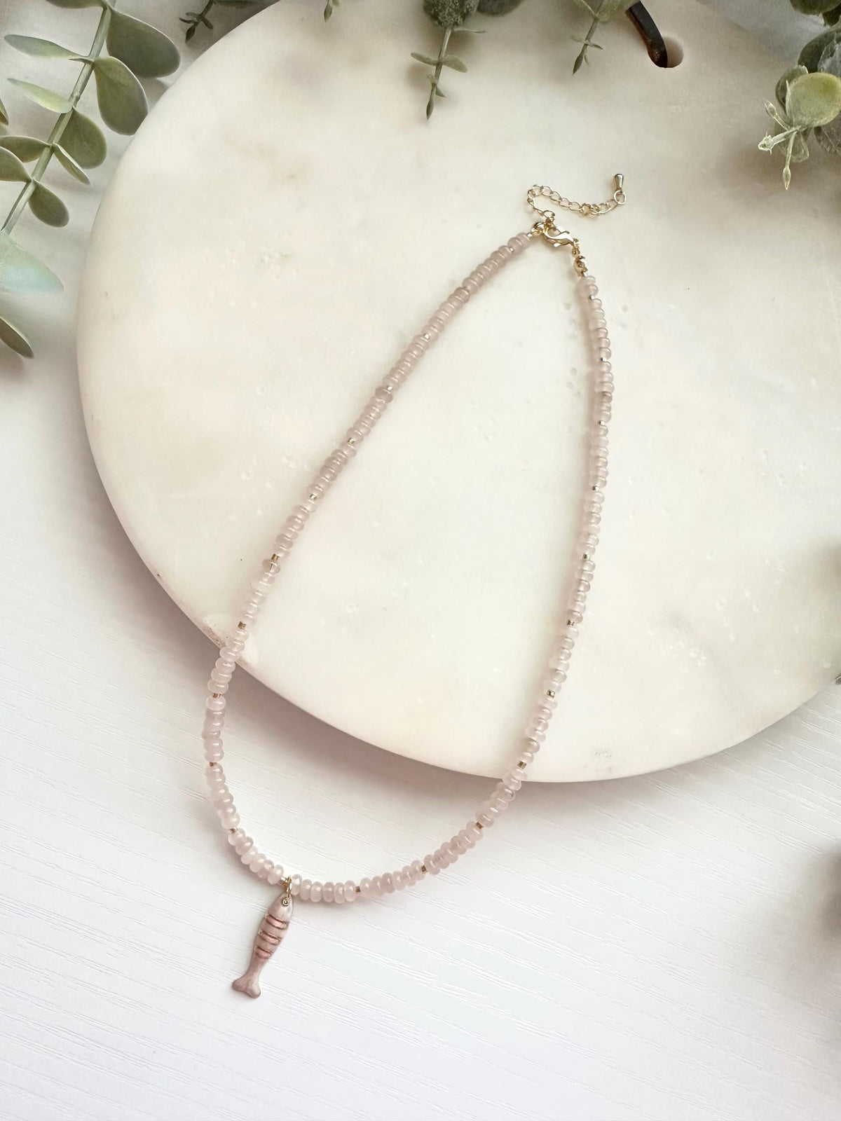 Pale Pink Jade Necklace with Pink Fish Dainty Pendant | Minimalist Coastal Gemstone Necklace