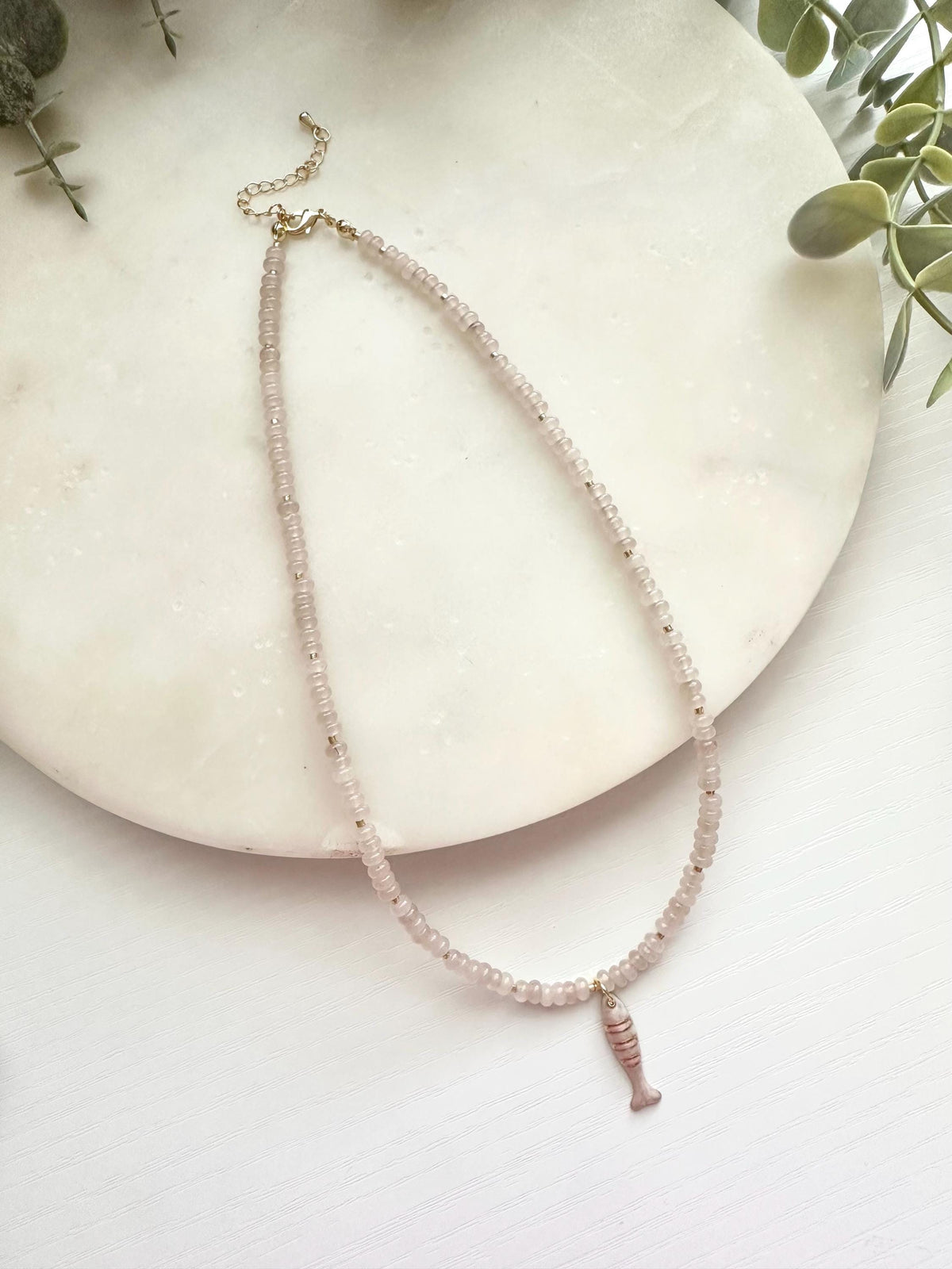 Pale Pink Jade Necklace with Pink Fish Dainty Pendant | Minimalist Coastal Gemstone Necklace