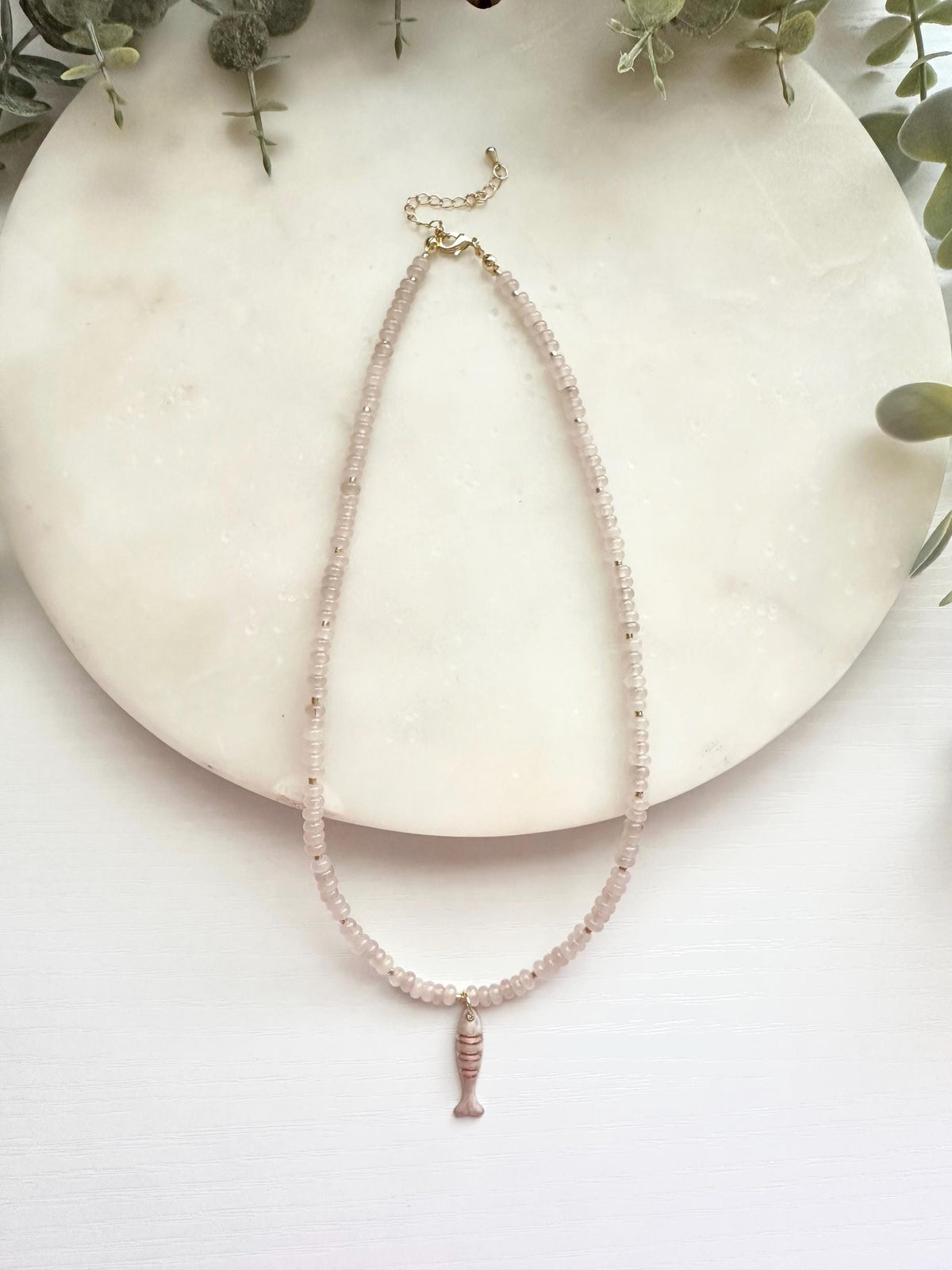 Pale Pink Jade Necklace with Pink Fish Dainty Pendant | Minimalist Coastal Gemstone Necklace