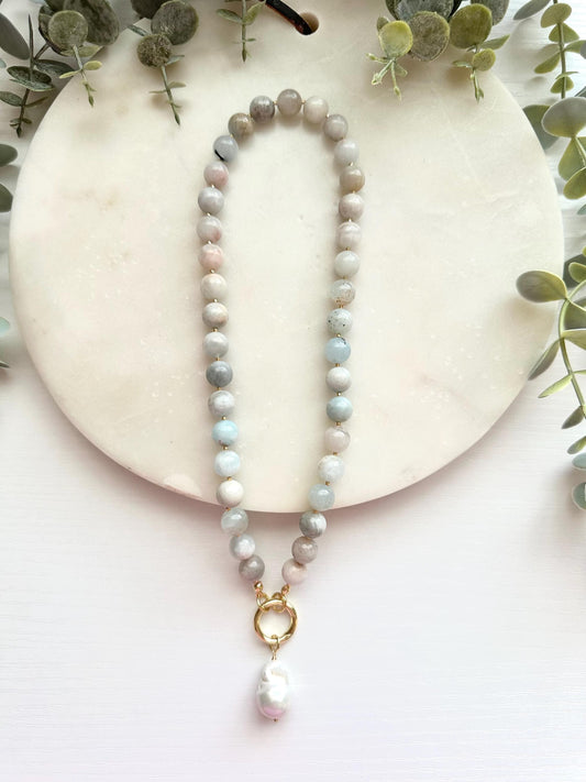 Aquamarine Necklace, Freshwater Pearl Pendant, Blue Necklace, Beaded Jewelry,  Statement Necklace