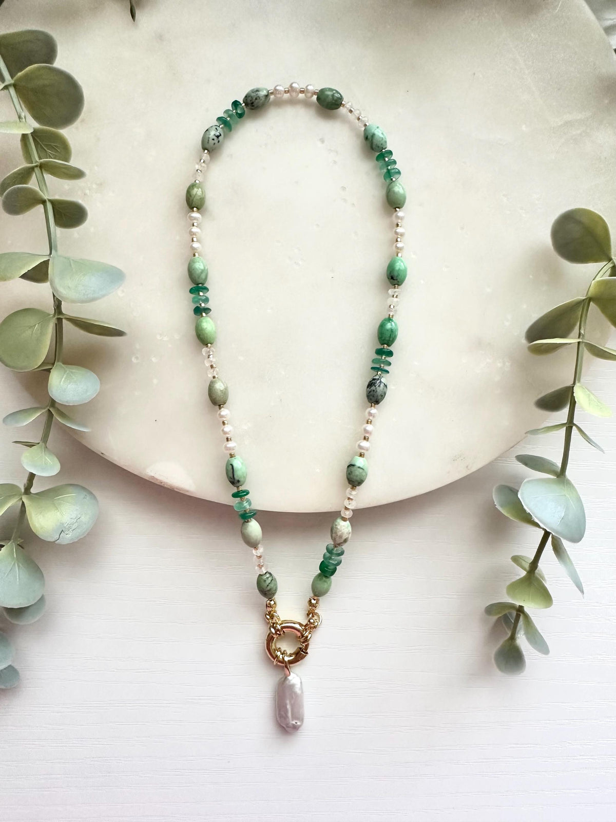 Chrysoprase Pearl Necklace, Green Onyx Necklace, Freshwater Pearl Necklace, Rainbow Moonstone Necklace, Coastal Gemstone Necklace