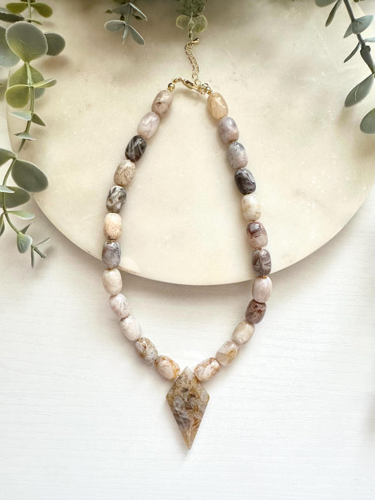Bamboo Leaf Agate Necklace, Agate Pendant Necklace, Neutral Gemstone Necklace, Statement Stone Necklace
