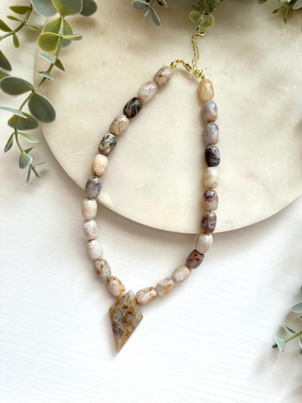 Bamboo Leaf Agate Necklace, Agate Pendant Necklace, Neutral Gemstone Necklace, Statement Stone Necklace