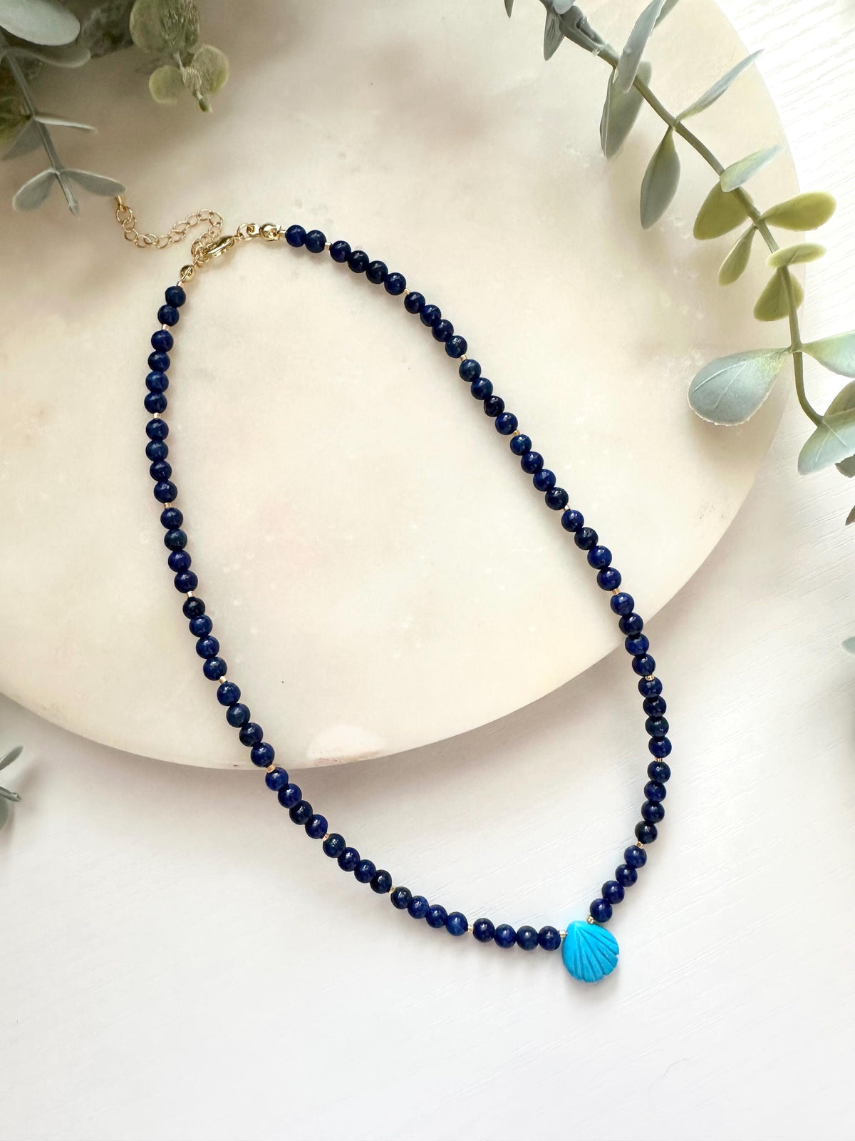 Lapis Lazuli Shell Necklace, Turquoise Shell Necklace, Coastal Gemstone Necklace, Blue Lapis Necklace, Ocean Inspired Jewelry