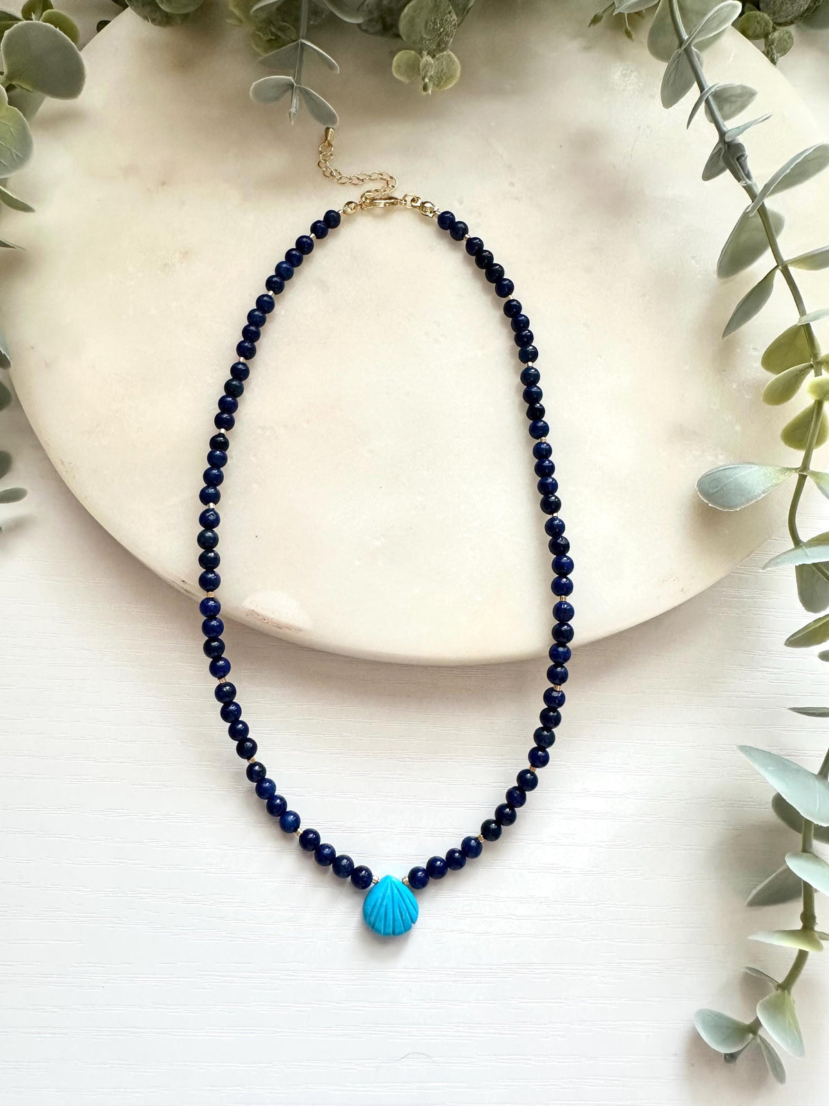 Lapis Lazuli Shell Necklace, Turquoise Shell Necklace, Coastal Gemstone Necklace, Blue Lapis Necklace, Ocean Inspired Jewelry
