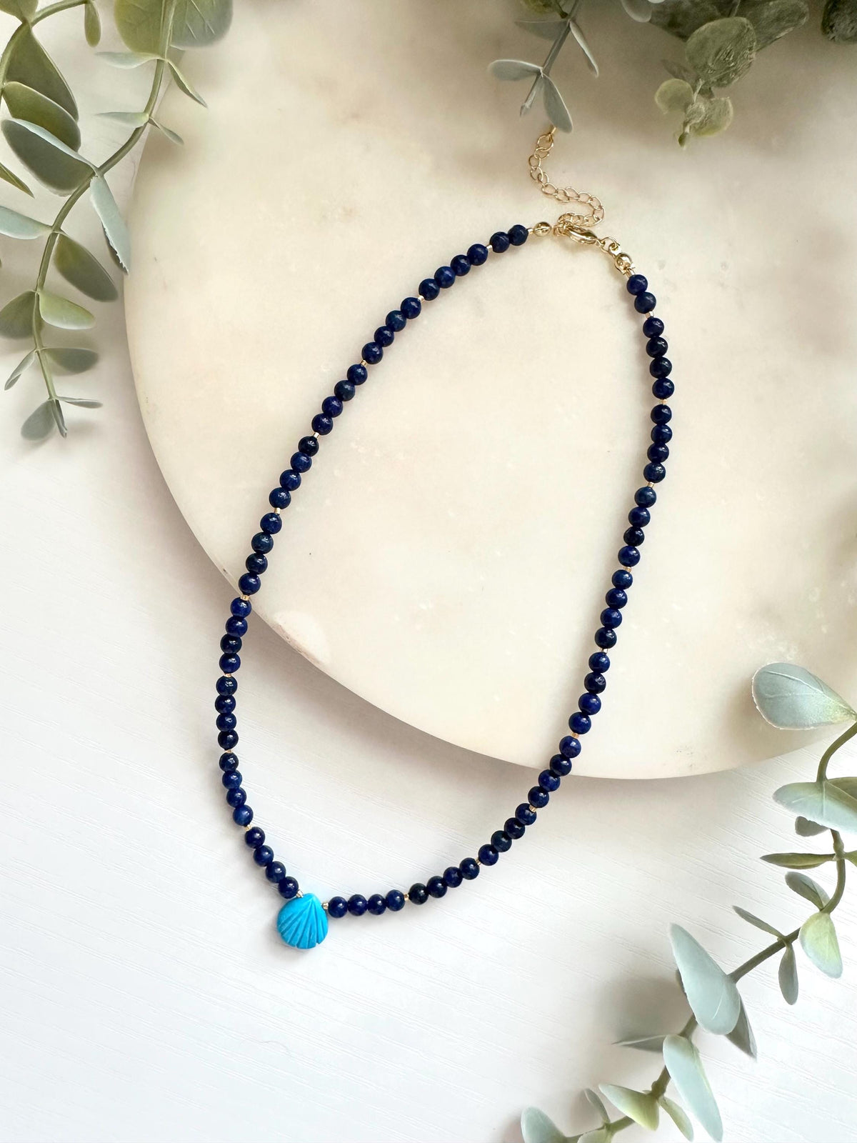 Lapis Lazuli Shell Necklace, Turquoise Shell Necklace, Coastal Gemstone Necklace, Blue Lapis Necklace, Ocean Inspired Jewelry