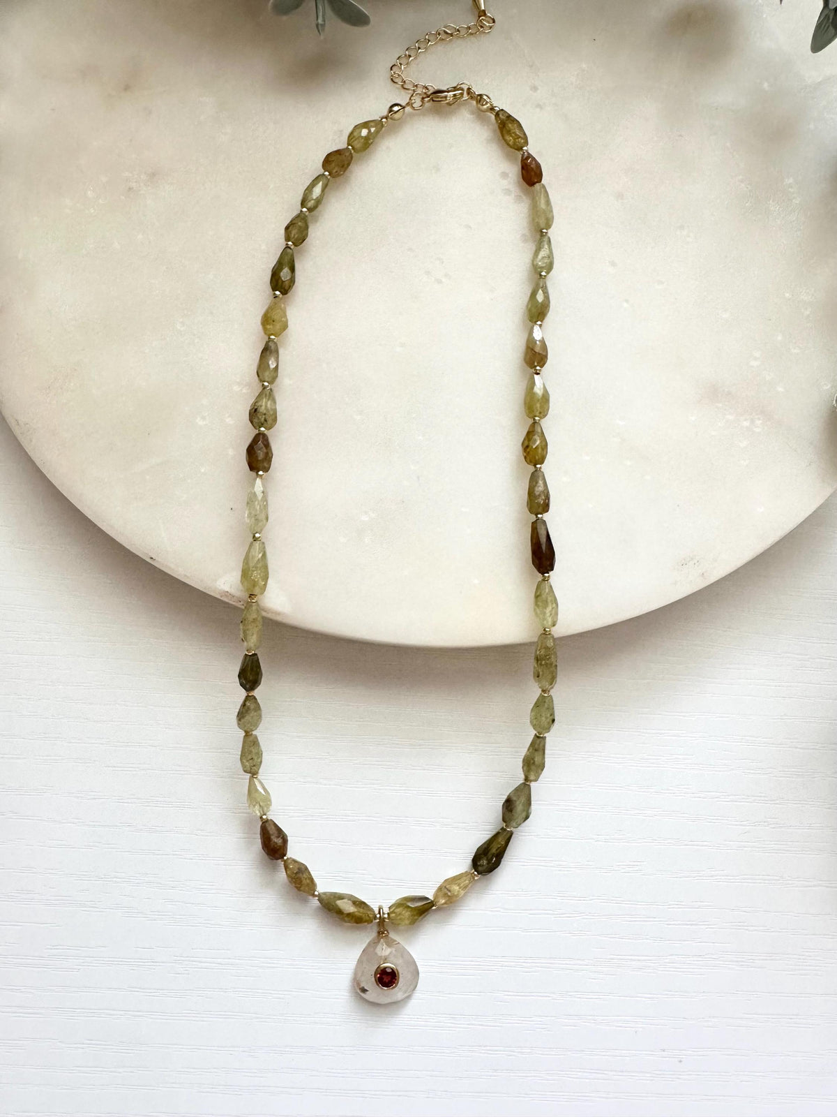 Tsavorite Garnet Necklace, Rutilated Quartz Pendant Necklace, Green Garnet Jewelry, Gold Filled Gemstone Necklace