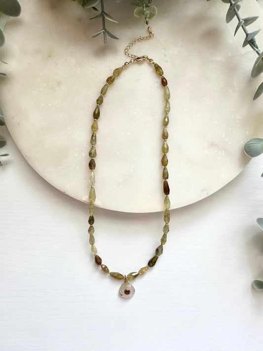 Tsavorite Garnet Necklace, Rutilated Quartz Pendant Necklace, Green Garnet Jewelry, Gold Filled Gemstone Necklace