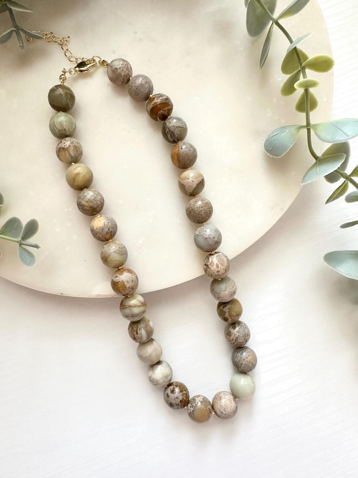 Aqua Terra Jasper Necklace, 12mm Jasper Bead Necklace, Earth Tone Gemstone Necklace, Sage Green Jewelry,