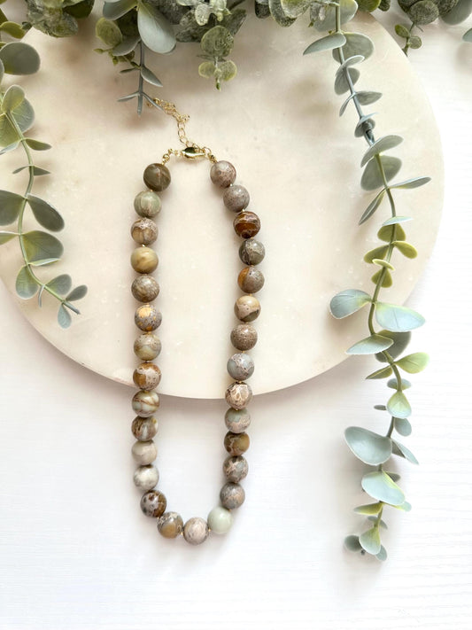 Aqua Terra Jasper Necklace, 12mm Jasper Bead Necklace, Earth Tone Gemstone Necklace, Sage Green Jewelry,
