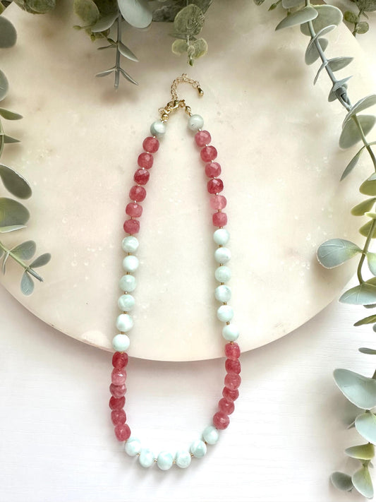 Green Moonstone & Strawberry Jade Necklace, Pink and Green Gemstone Necklace, Moonstone Jewelry