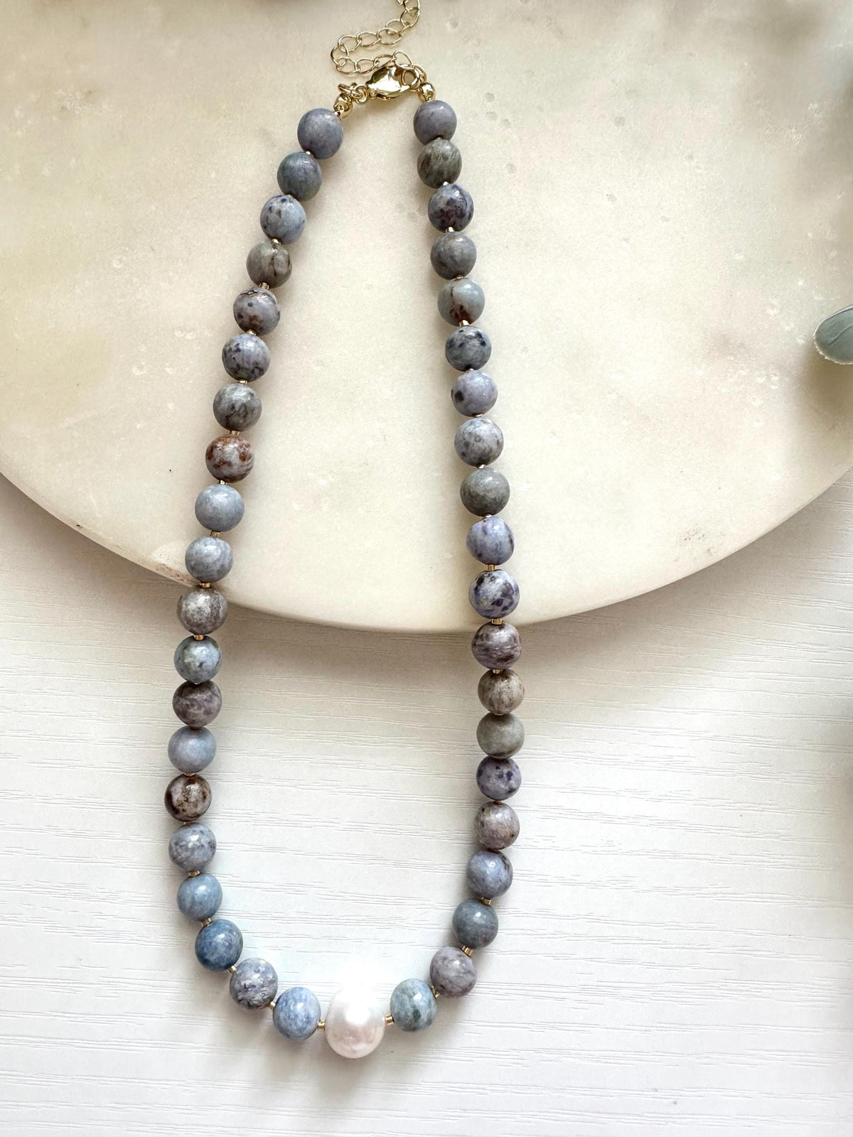 Blue Crazy Agate Necklace with Edison Pearl, Freshwater Pearl Necklace, Blue Gemstone Jewelry