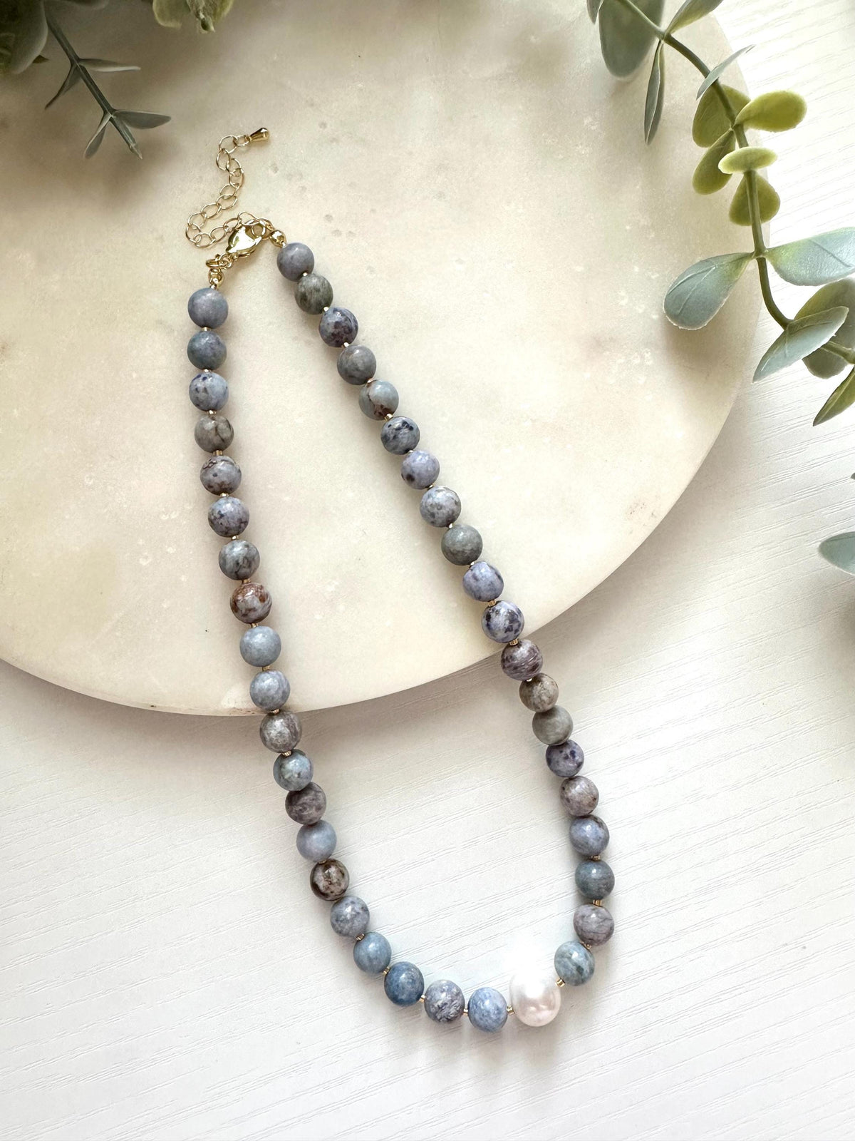 Blue Crazy Agate Necklace with Edison Pearl, Freshwater Pearl Necklace, Blue Gemstone Jewelry