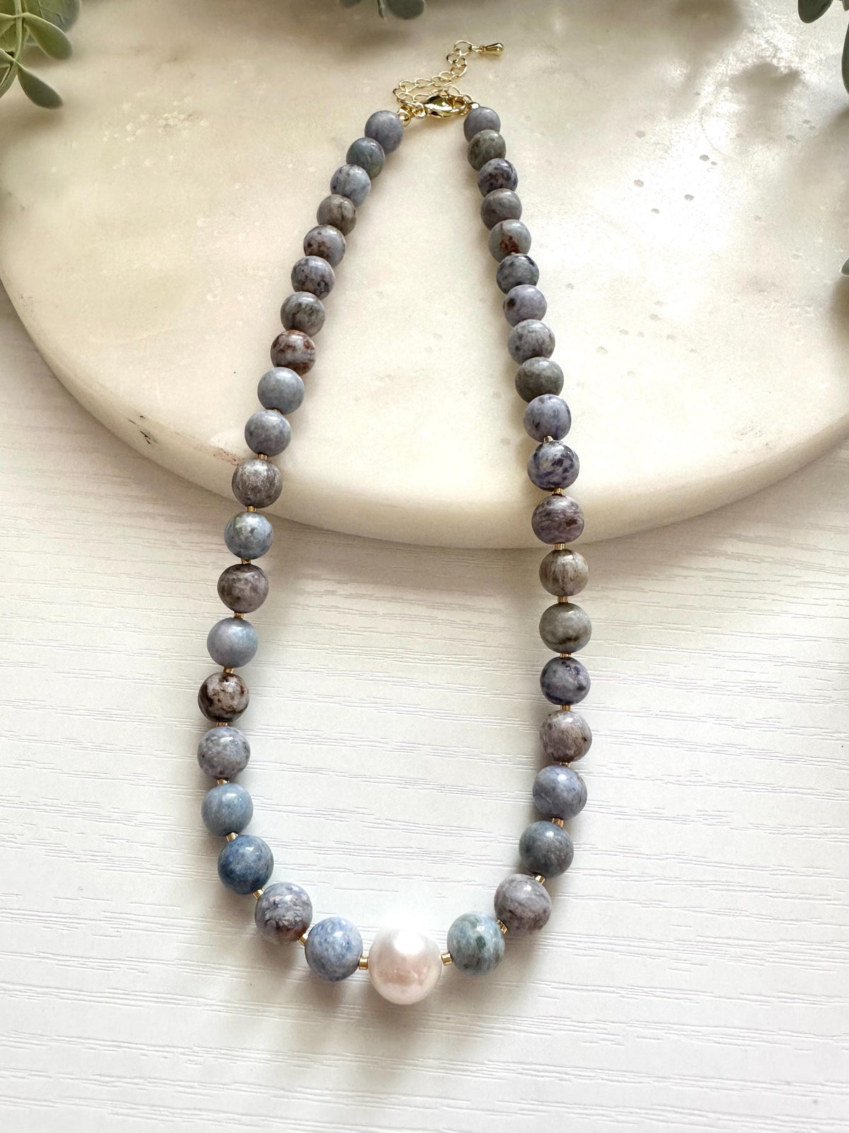 Blue Crazy Agate Necklace with Edison Pearl, Freshwater Pearl Necklace, Blue Gemstone Jewelry