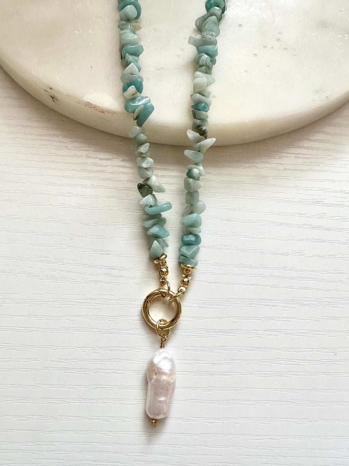 Amazonite Chip Necklace, Freshwater Pearl Necklace, Gold Filled Carabiner Necklace, Coastal Jewelry