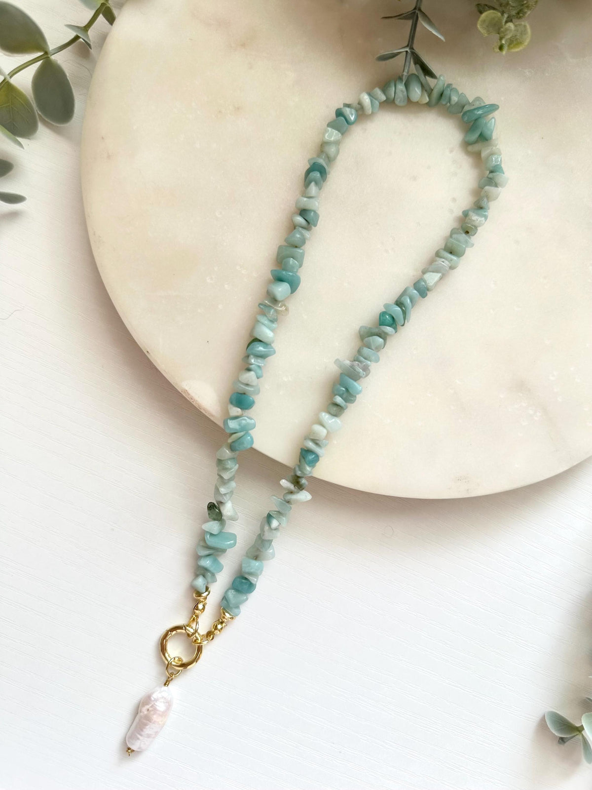 Amazonite Chip Necklace, Freshwater Pearl Necklace, Gold Filled Carabiner Necklace, Coastal Jewelry