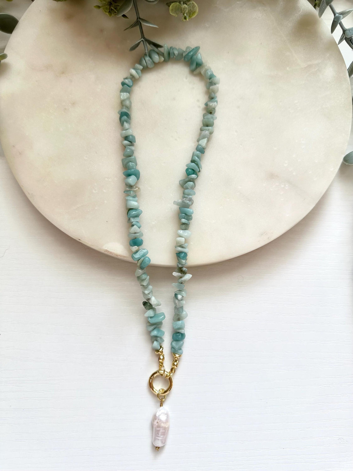 Amazonite Chip Necklace, Freshwater Pearl Necklace, Gold Filled Carabiner Necklace, Coastal Jewelry