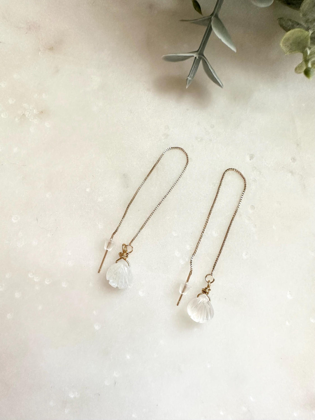 Moonstone Shell Threader Earrings, Gold Filled Threader Earrings, Carved Moonstone Earrings, Dainty Drop Earrings