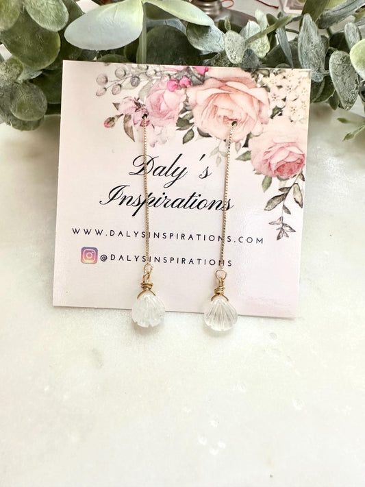 Moonstone Shell Threader Earrings, Gold Filled Threader Earrings, Carved Moonstone Earrings, Dainty Drop Earrings