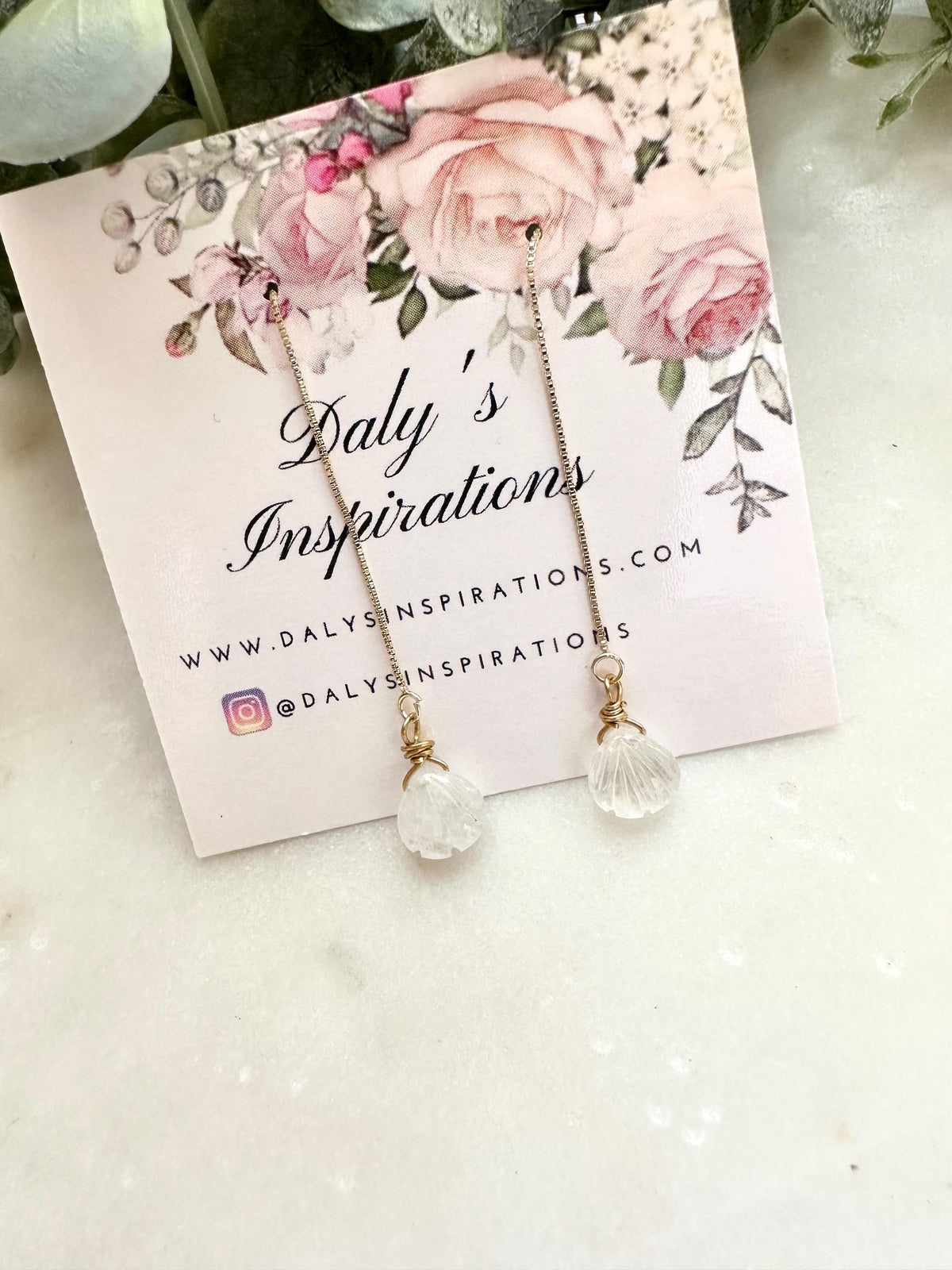 Moonstone Shell Threader Earrings, Gold Filled Threader Earrings, Carved Moonstone Earrings, Dainty Drop Earrings