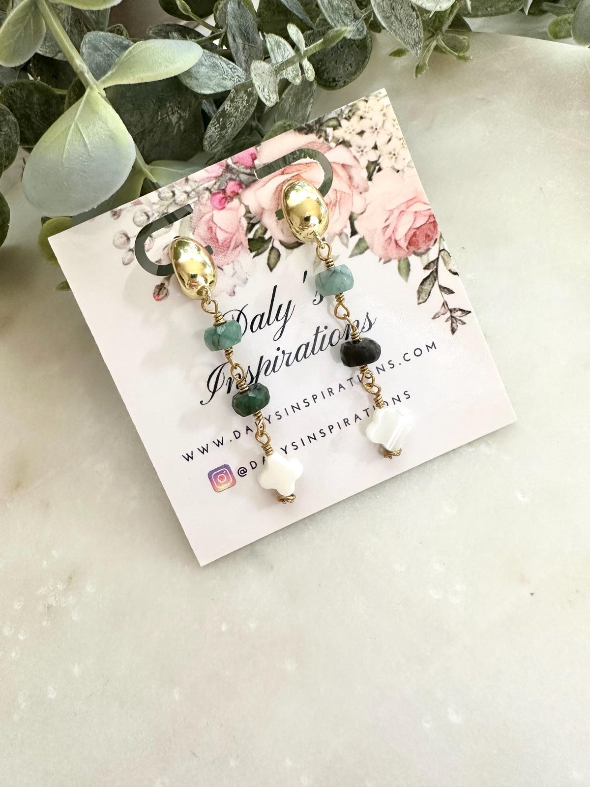 Raw Emerald Earrings, Mother of Pearl Clover Earrings, Gold Filled Dangle Earrings, Emerald Jewelry