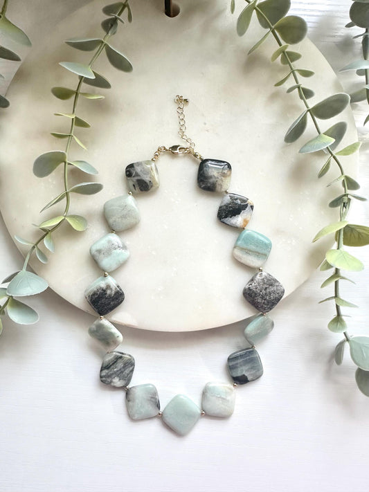 Amazonite Statement Necklace, Square Amazonite Necklace, Aqua Gemstone Necklace, Chunky Gemstone Necklace