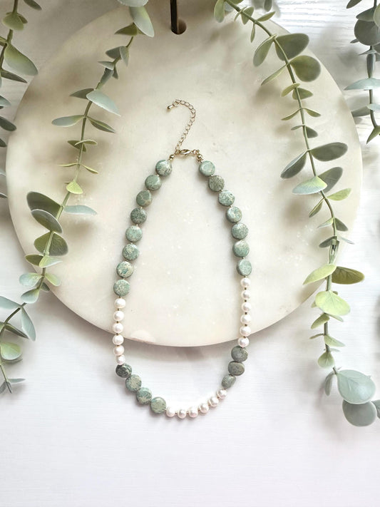 Aqua Terra Jasper and Pearl Necklace, Freshwater Pearl Necklace, Gemstone Necklace, Seafoam Green Necklace