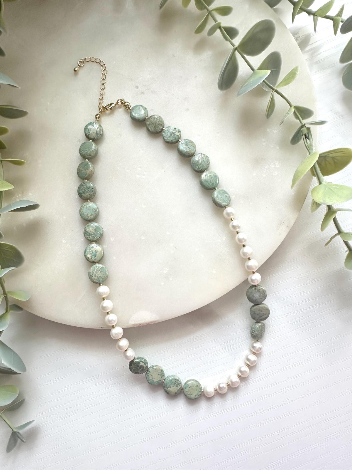 Aqua Terra Jasper and Pearl Necklace, Freshwater Pearl Necklace, Gemstone Necklace, Seafoam Green Necklace