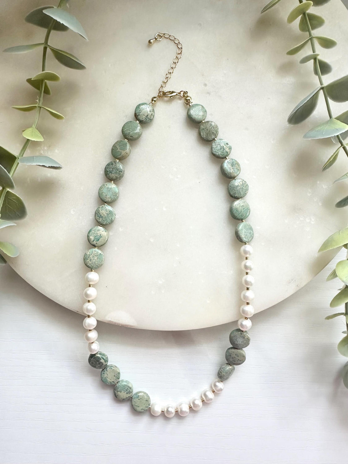 Aqua Terra Jasper and Pearl Necklace, Freshwater Pearl Necklace, Gemstone Necklace, Seafoam Green Necklace