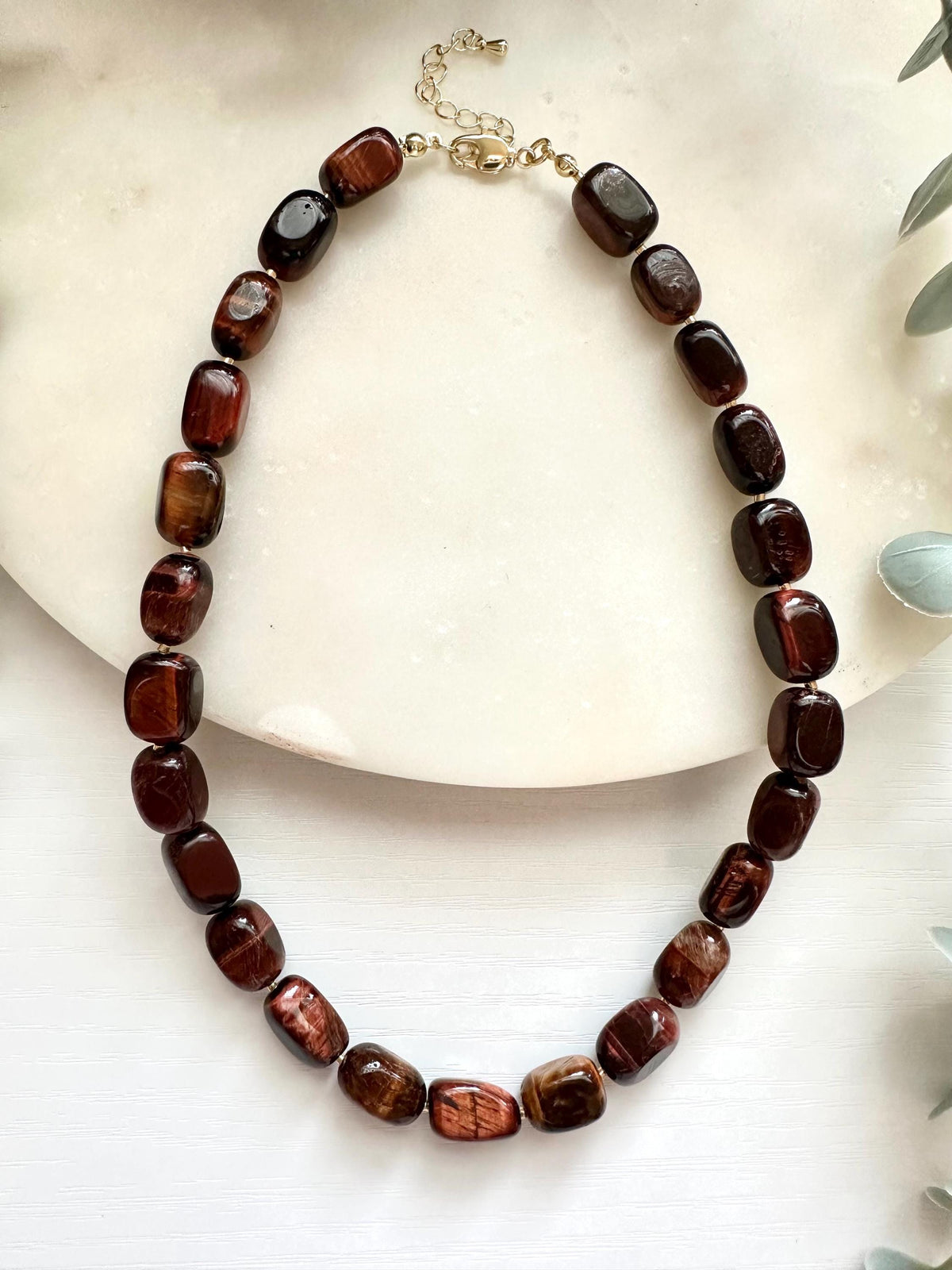 Red Tiger Eye Necklace, Tiger Eye Gemstone Necklace, Brown Stone Necklace, Gold Filled Necklace