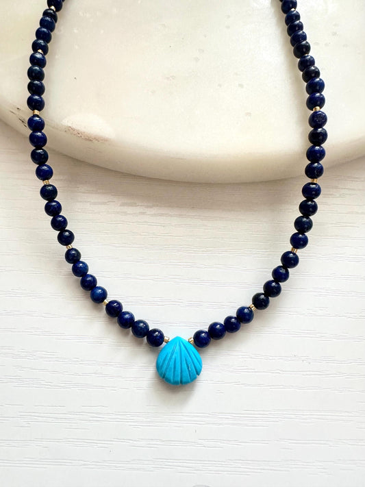 Lapis Lazuli Shell Necklace, Turquoise Shell Necklace, Coastal Gemstone Necklace, Blue Lapis Necklace, Ocean Inspired Jewelry