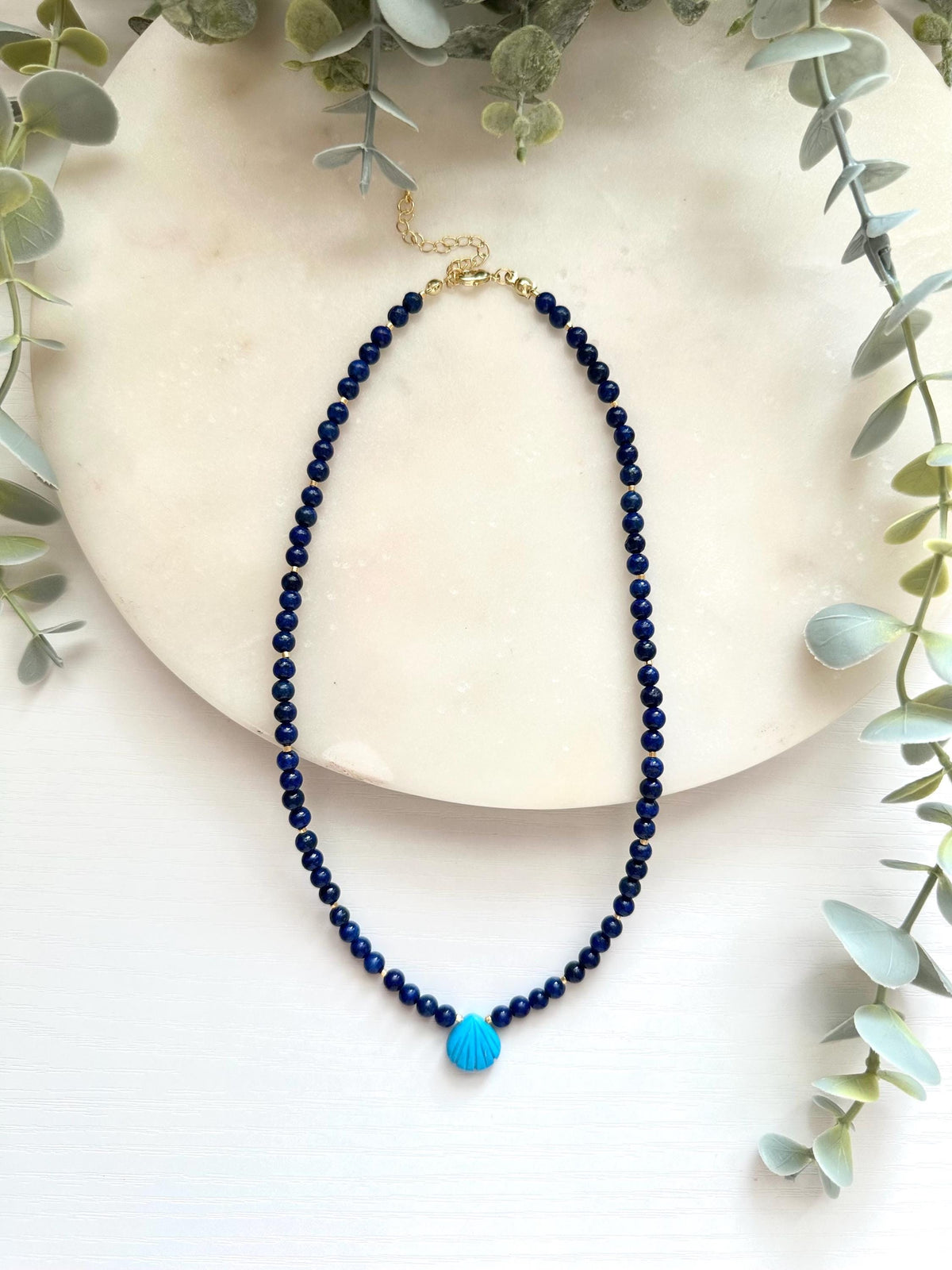 Lapis Lazuli Shell Necklace, Turquoise Shell Necklace, Coastal Gemstone Necklace, Blue Lapis Necklace, Ocean Inspired Jewelry
