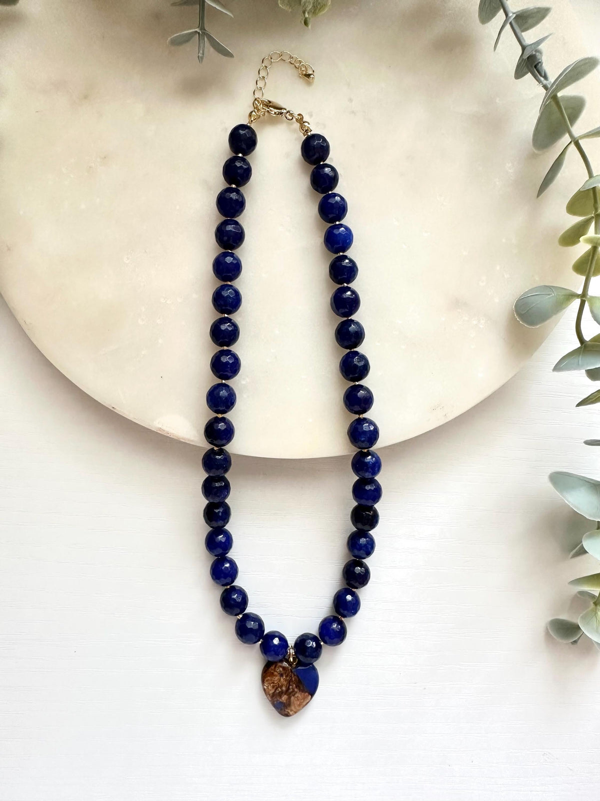 Royal Blue Jade Heart Necklace, Blue Heart Pendant Necklace, Faceted Jade Necklace, Gold Filled Necklace, Blue Statement Necklace