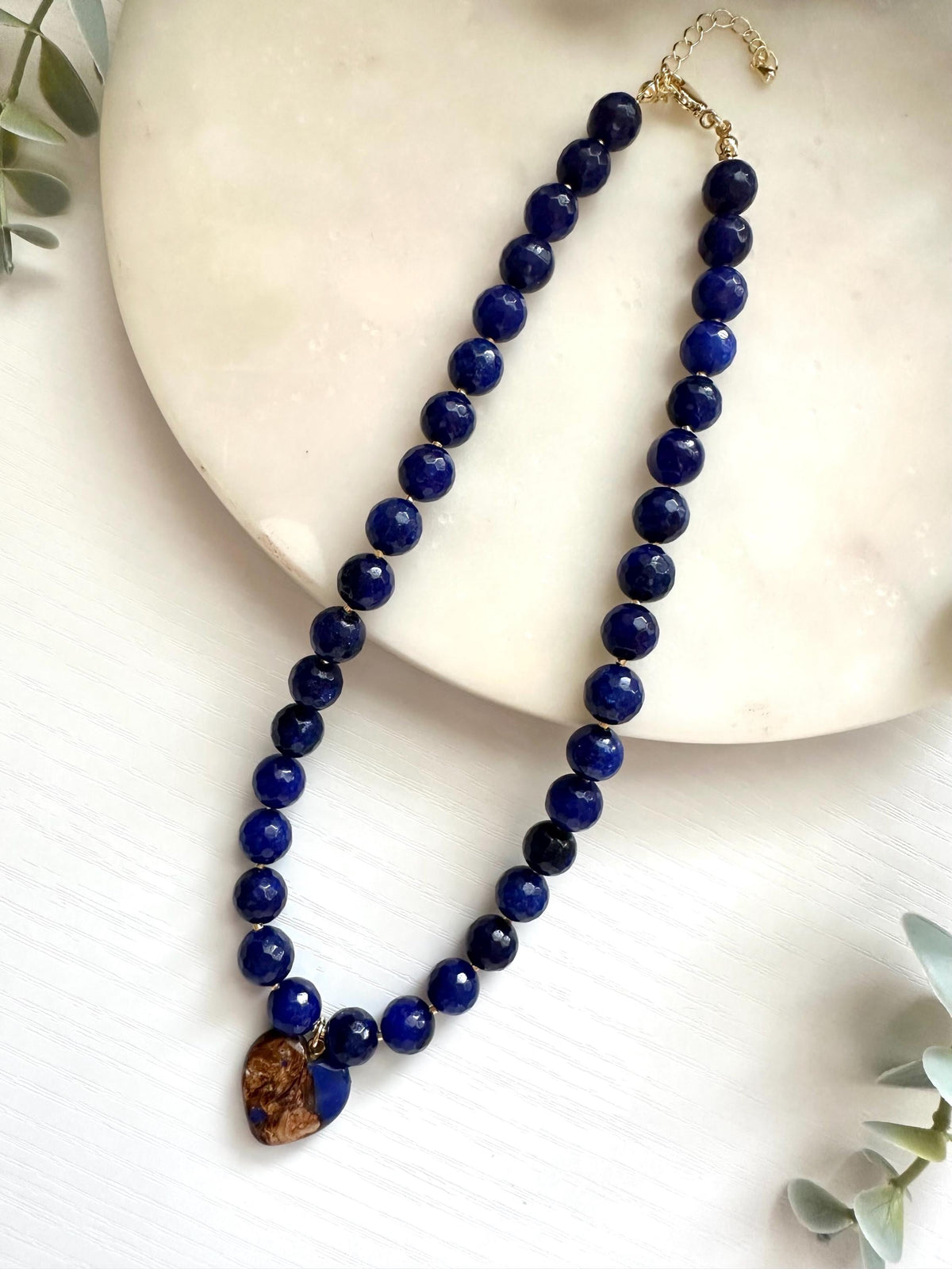 Royal Blue Jade Heart Necklace, Blue Heart Pendant Necklace, Faceted Jade Necklace, Gold Filled Necklace, Blue Statement Necklace