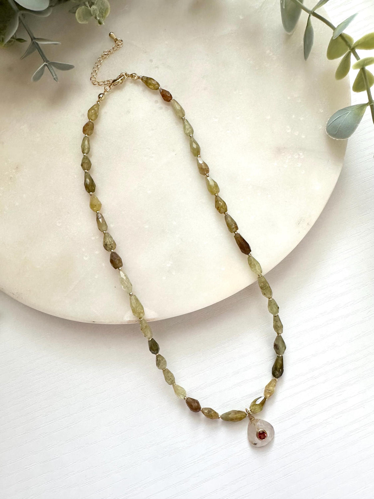 Tsavorite Garnet Necklace, Rutilated Quartz Pendant Necklace, Green Garnet Jewelry, Gold Filled Gemstone Necklace
