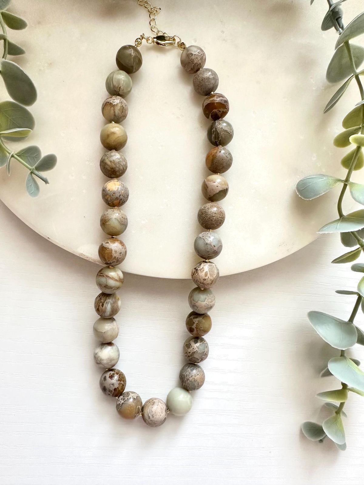 Aqua Terra Jasper Necklace, 12mm Jasper Bead Necklace, Earth Tone Gemstone Necklace, Sage Green Jewelry,