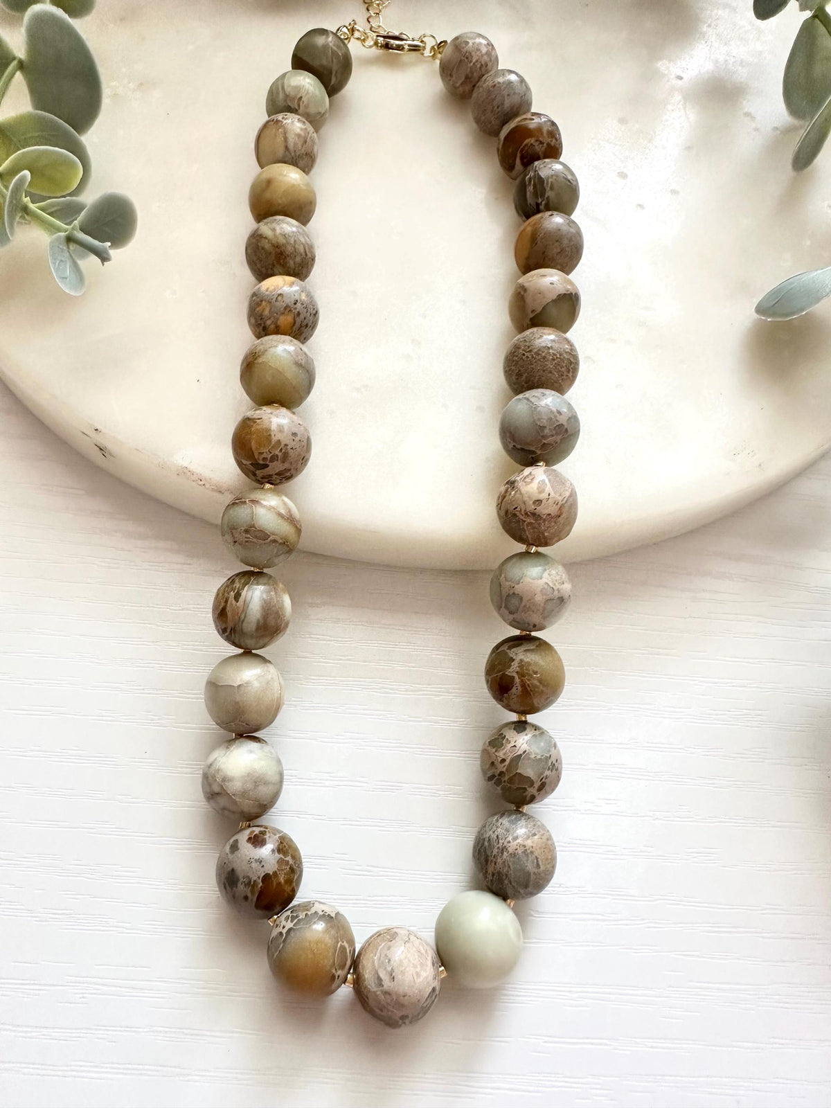 Aqua Terra Jasper Necklace, 12mm Jasper Bead Necklace, Earth Tone Gemstone Necklace, Sage Green Jewelry,