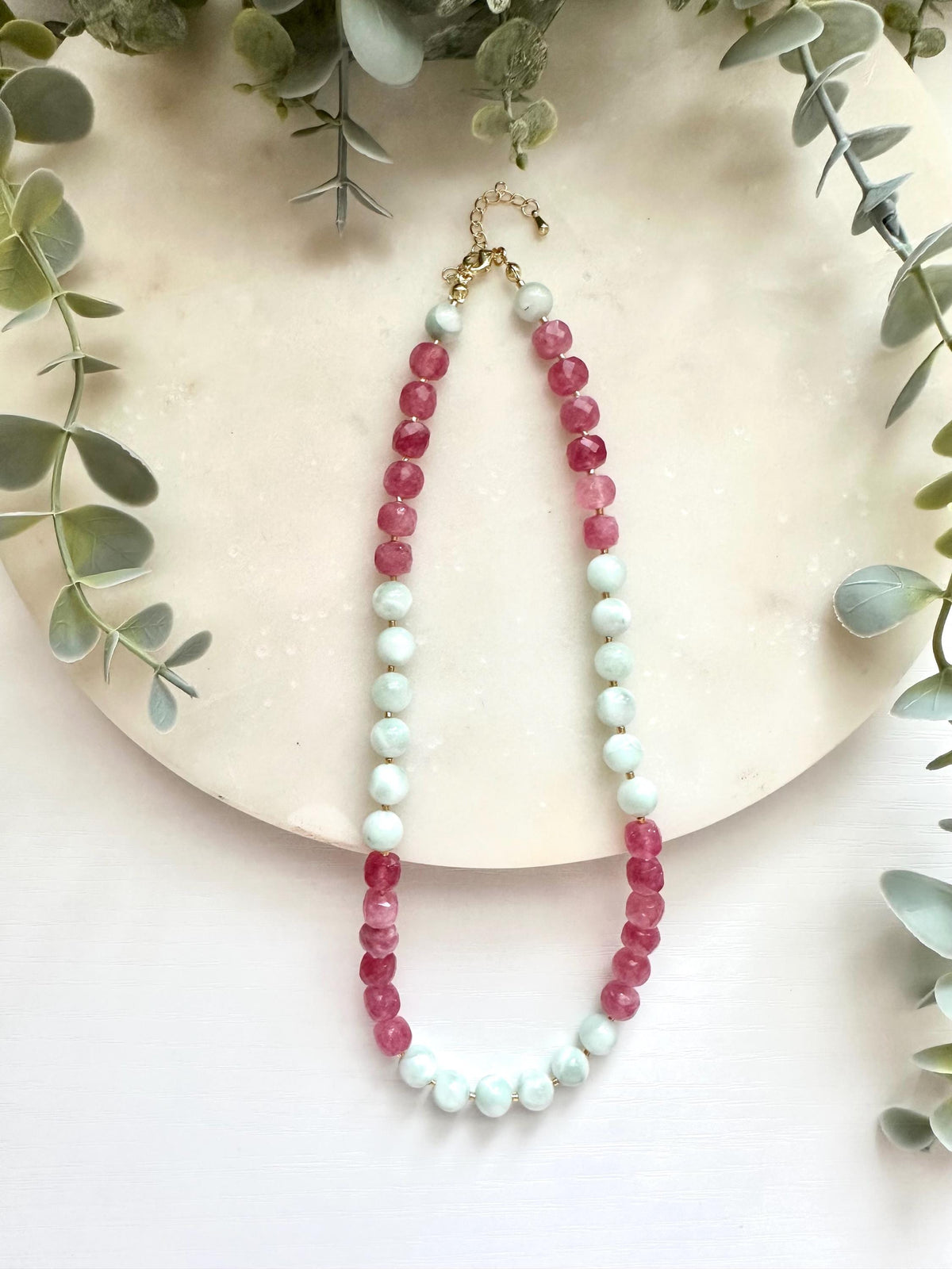 Green Moonstone & Strawberry Jade Necklace, Pink and Green Gemstone Necklace, Moonstone Jewelry