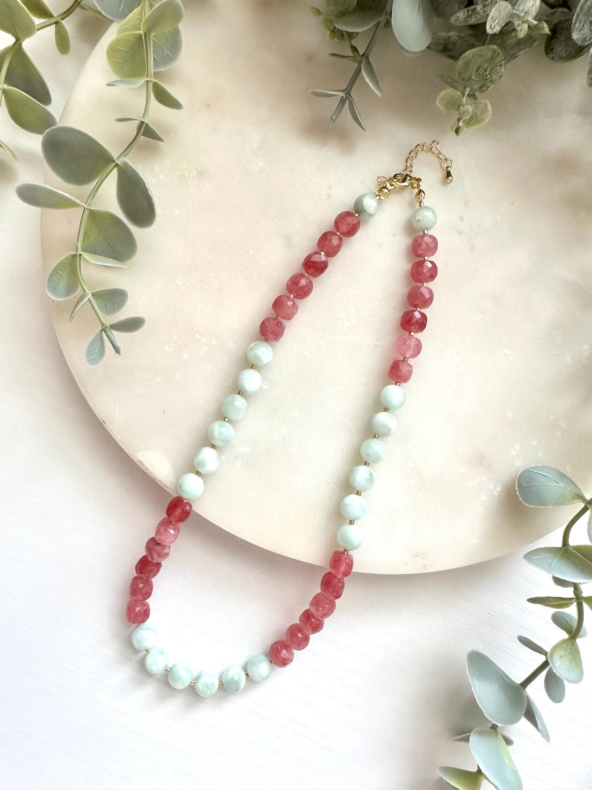 Green Moonstone & Strawberry Jade Necklace, Pink and Green Gemstone Necklace, Moonstone Jewelry