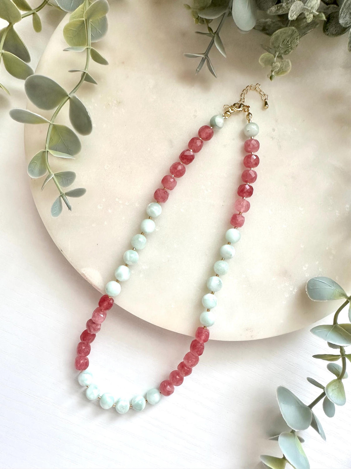 Green Moonstone & Strawberry Jade Necklace, Pink and Green Gemstone Necklace, Moonstone Jewelry