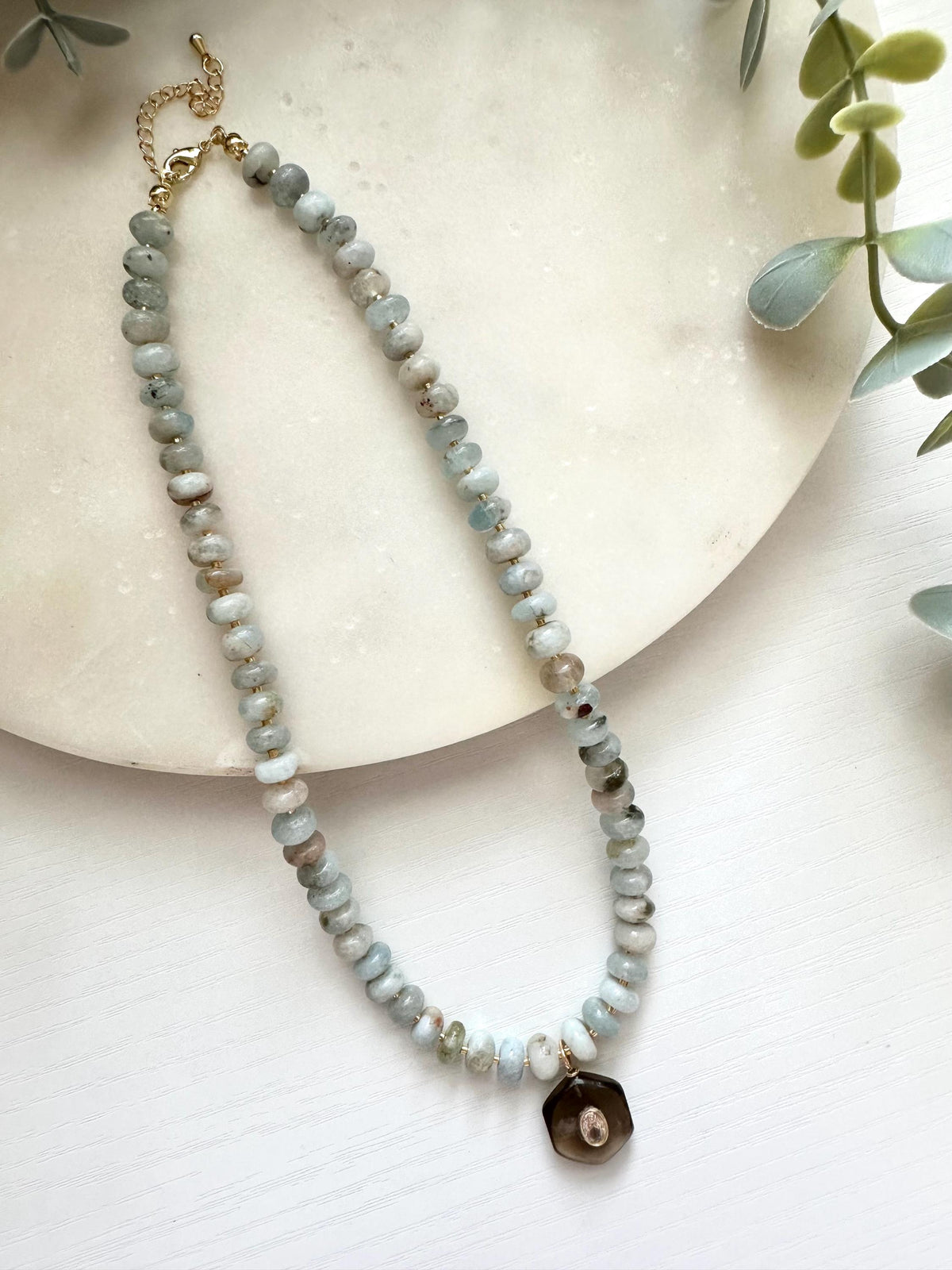 Aquamarine Necklace with Smoky Quartz Pendant, Aquamarine Gemstone Necklace, Gold Filled Necklace, March