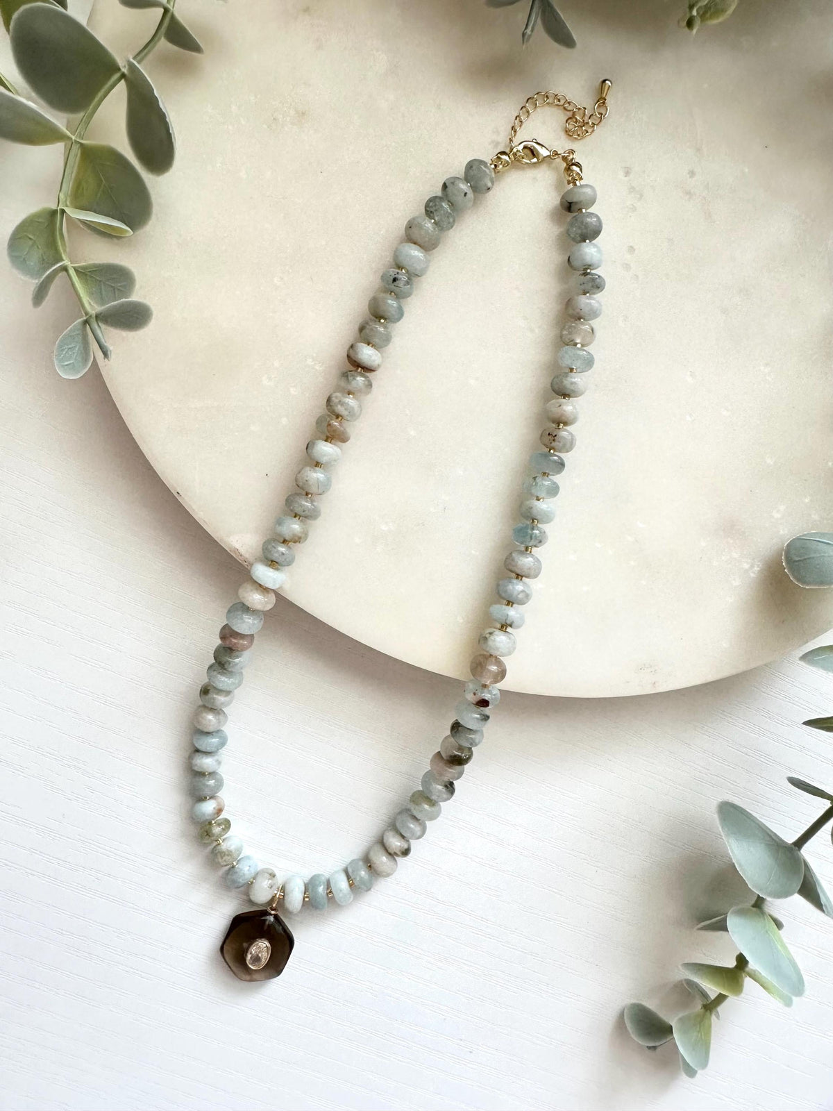 Aquamarine Necklace with Smoky Quartz Pendant, Aquamarine Gemstone Necklace, Gold Filled Necklace, March