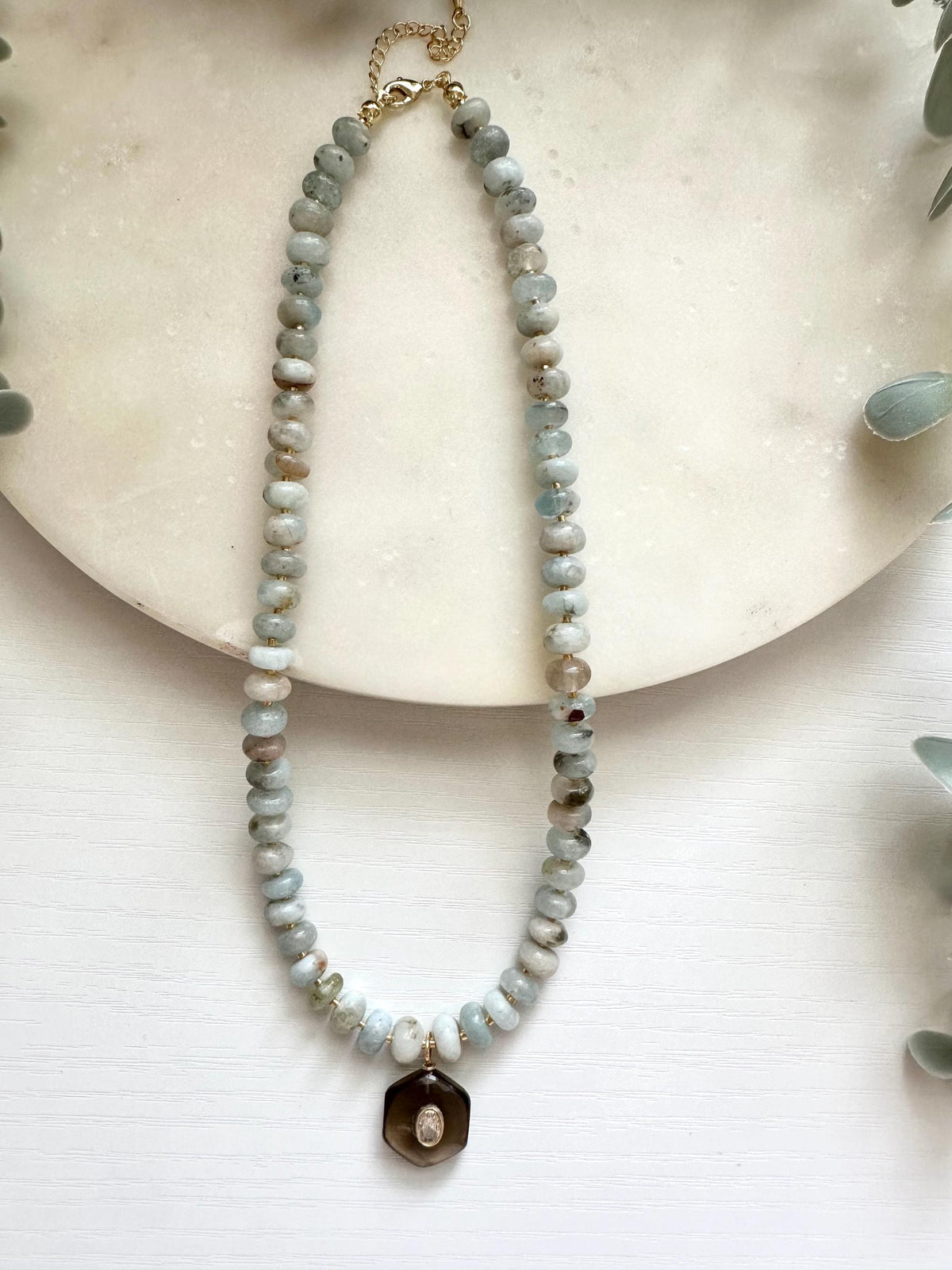 Aquamarine Necklace with Smoky Quartz Pendant, Aquamarine Gemstone Necklace, Gold Filled Necklace, March