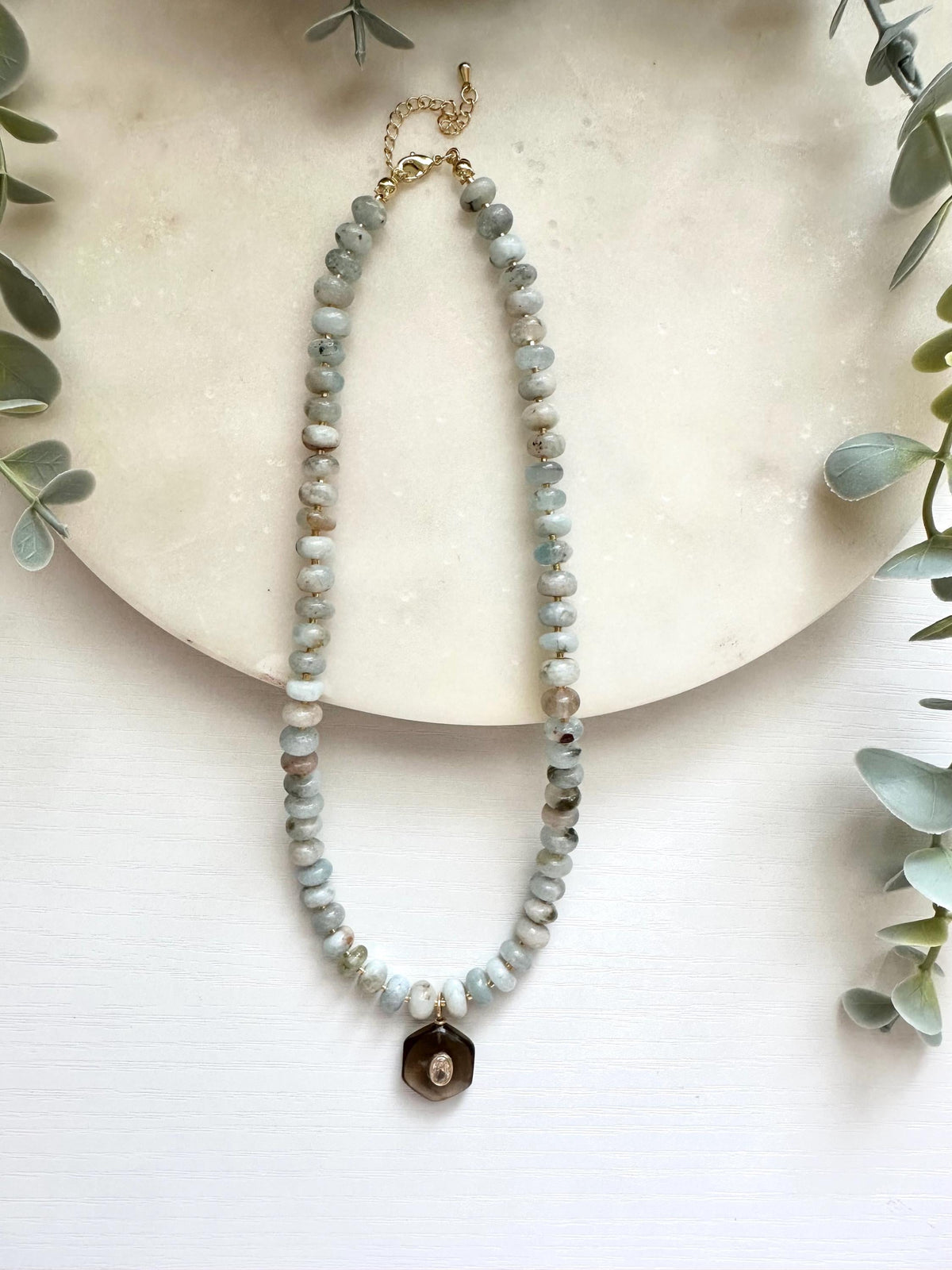 Aquamarine Necklace with Smoky Quartz Pendant, Aquamarine Gemstone Necklace, Gold Filled Necklace, March