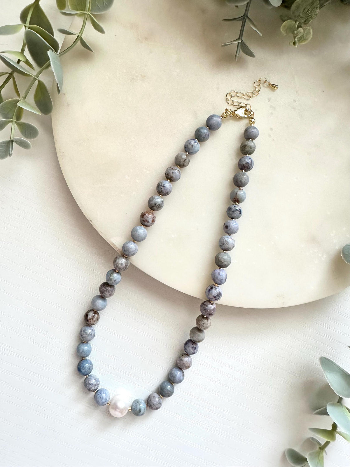 Blue Crazy Agate Necklace with Edison Pearl, Freshwater Pearl Necklace, Blue Gemstone Jewelry