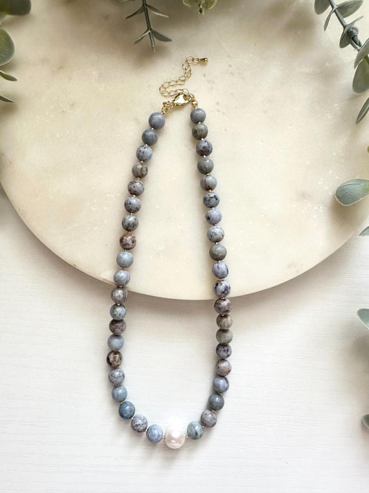 Blue Crazy Agate Necklace with Edison Pearl, Freshwater Pearl Necklace, Blue Gemstone Jewelry