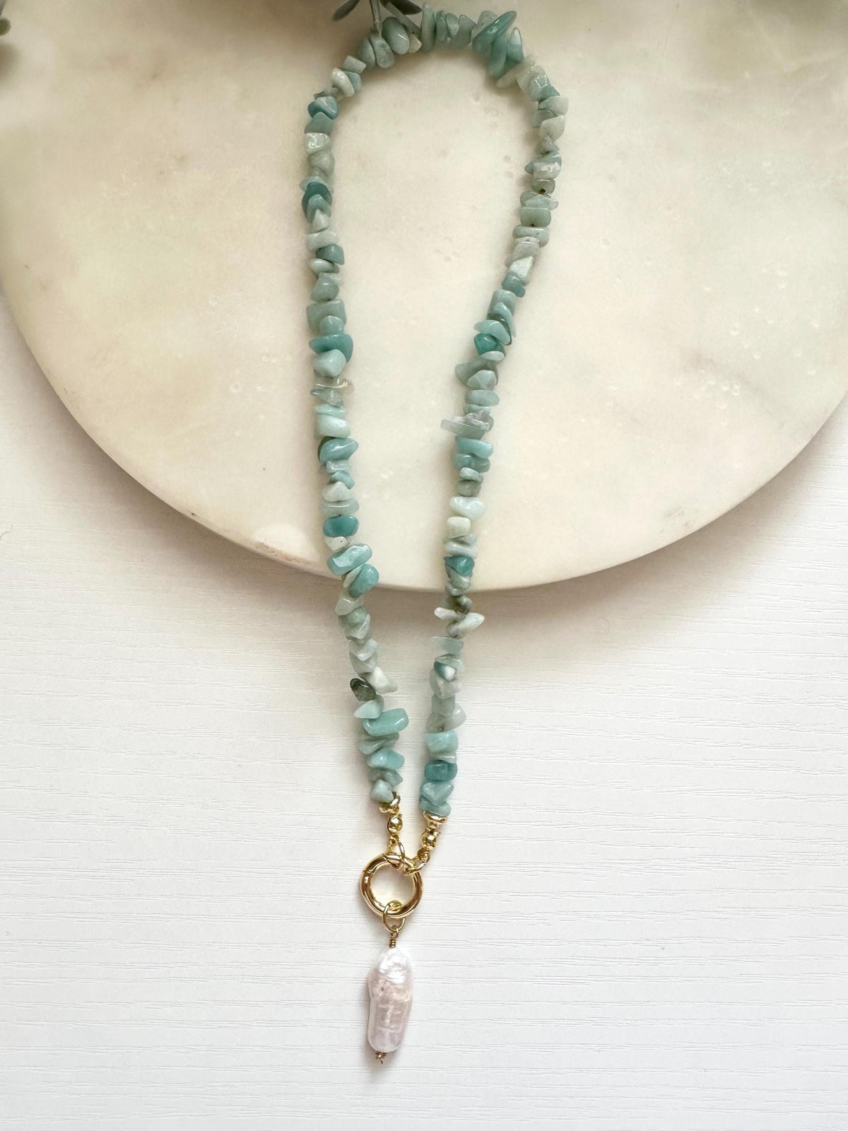 Amazonite Chip Necklace, Freshwater Pearl Necklace, Gold Filled Carabiner Necklace, Coastal Jewelry