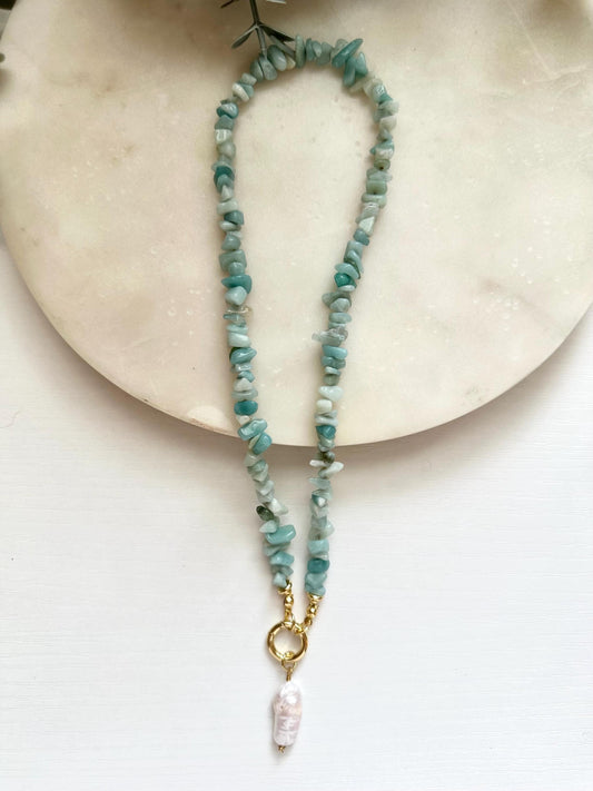 Amazonite Chip Necklace, Freshwater Pearl Necklace, Gold Filled Carabiner Necklace, Coastal Jewelry