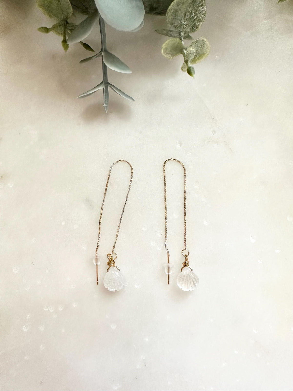 Moonstone Shell Threader Earrings, Gold Filled Threader Earrings, Carved Moonstone Earrings, Dainty Drop Earrings
